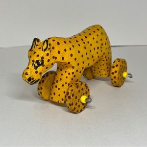 Toy Figure Cheetah Wooden Wood Hand Carved Painted On Wheels Folk Art African